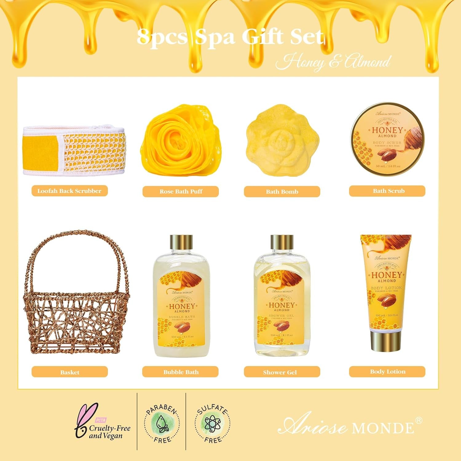 Gift Baskets , Spa Gifts for Women, 8Pcs Honey Almond Bath Gift Set for Women, Relaxation Self Care Spa Kit W/Bath Bomb, Bubble Bath, Mom Birthday Gifts, Christmas Gifts Thank You Gifts