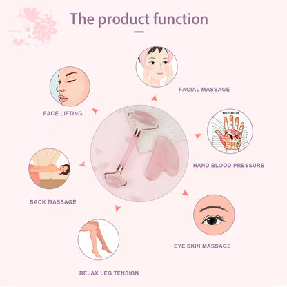 Natural Jade Face Roller Gua Sha Scraper Set Face Neck Body Skin Care Beauty Tool Portable Rose Quartz Facial Massager Tool